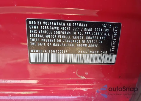 2013 Volkswagen Gti z USA, uszkodzony, nr VIN WVWGD7AJ2DW100087